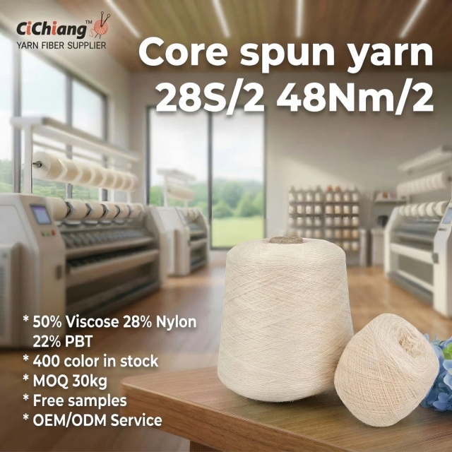 High Elastic Eco-Friendly 28S/2 Core Spun Fancy Yarn Ecru Raw White Undyed 50% Viscose 28% Nylon 22% PBT vortex Spinning