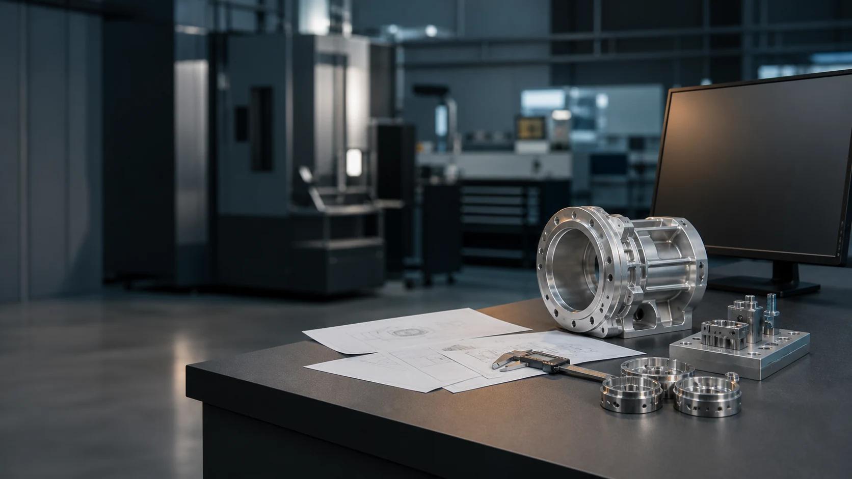 Engineer reviewing a drawing beside inspected and assembled custom components