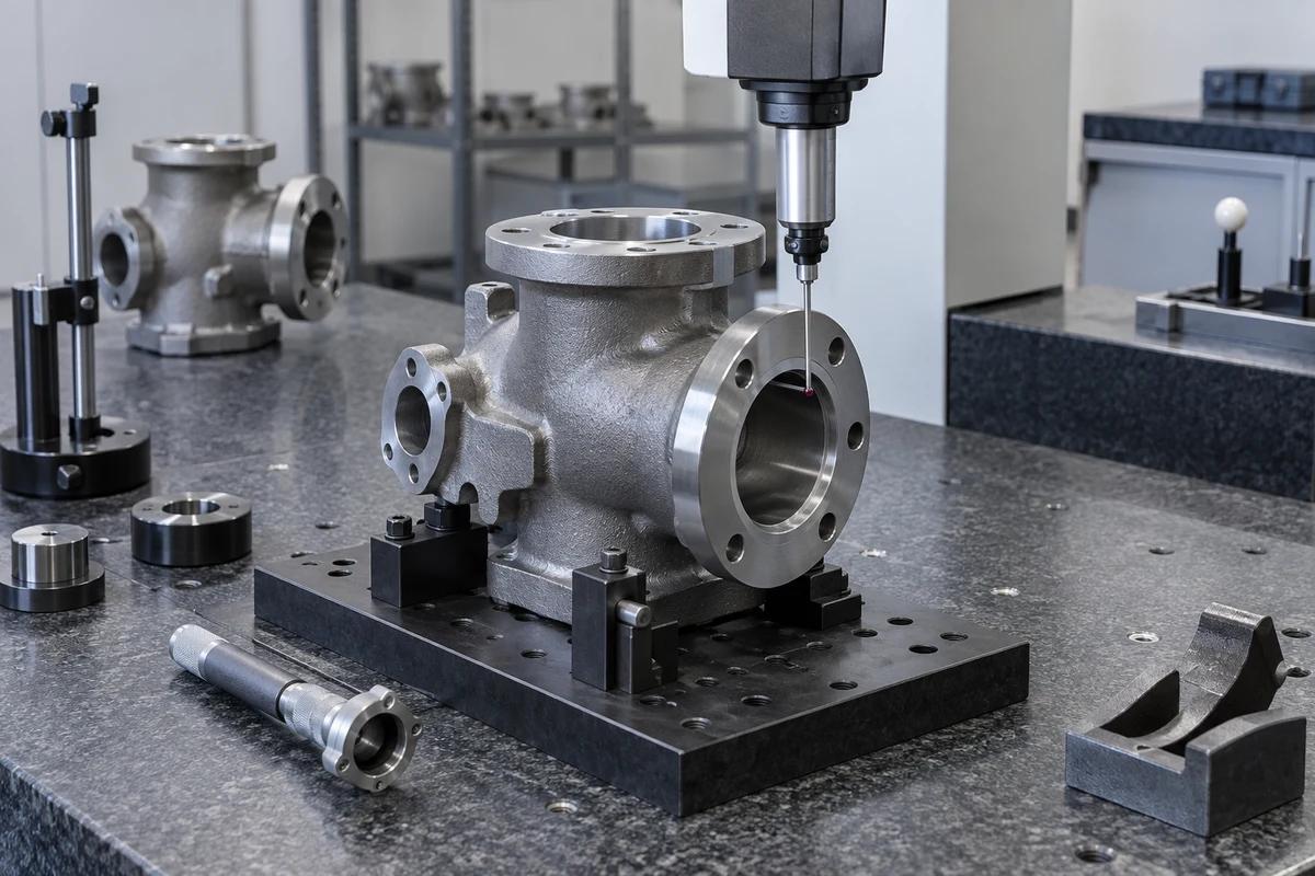 CMM probe measuring a cast metal housing on a fixture plate