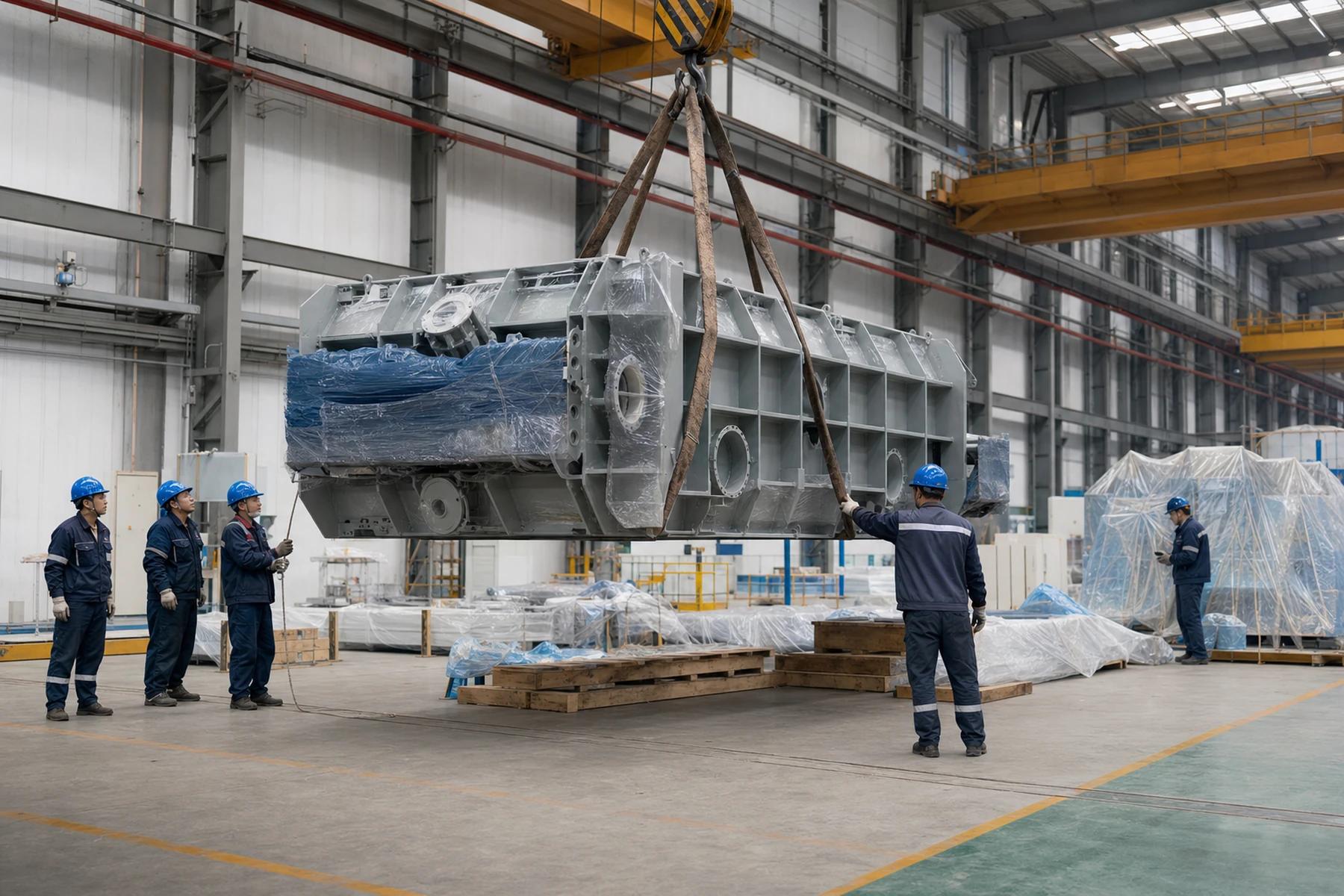 Large fabricated engineering module being lifted inside a production facility