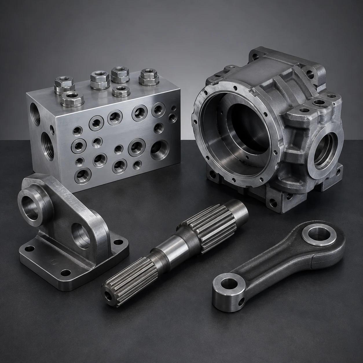 CNC machined agricultural hydraulic manifolds, housings and shafts