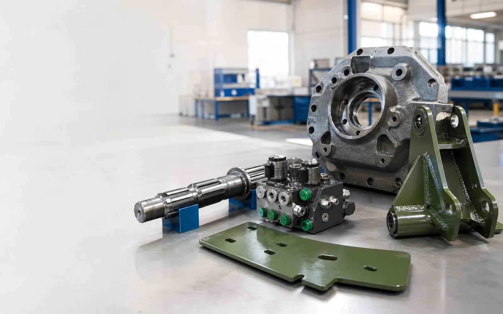 Agricultural machinery drive housing, shaft and implement bracket arranged in a bright workshop