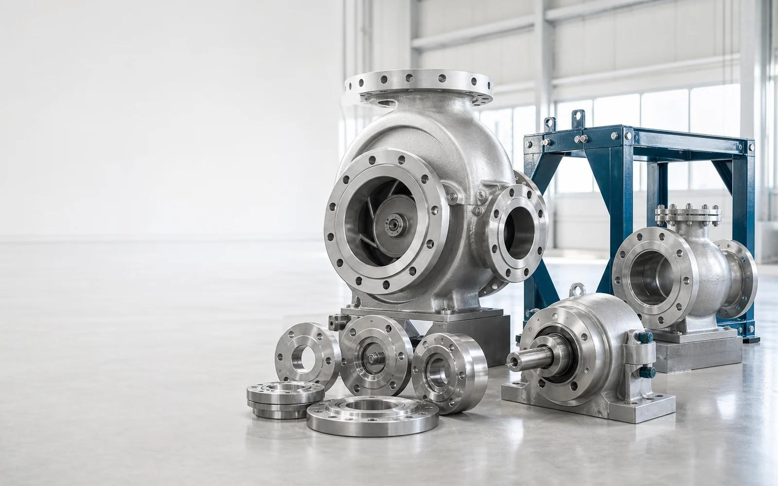 Energy equipment pump body, rotor interface and fabricated support arranged in a bright industrial setting