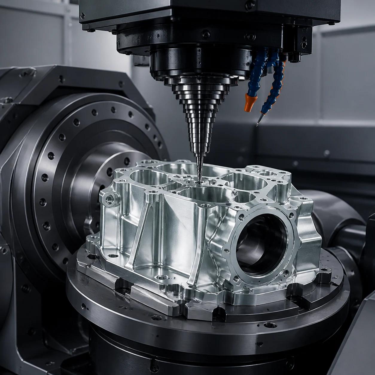 Five-axis CNC machining of a complex housing