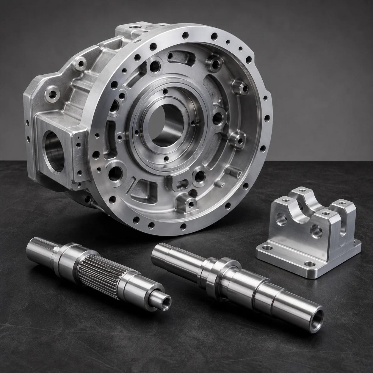 CNC machined industrial equipment housings, shafts and brackets