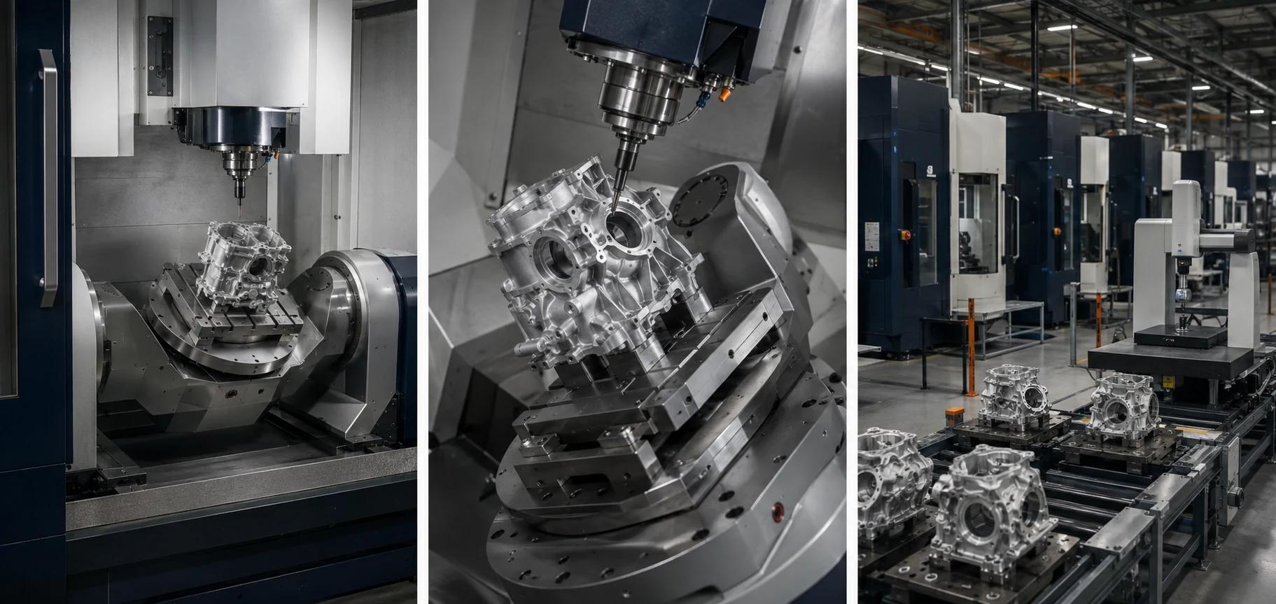 Five-axis CNC machine cutting a complex metal component