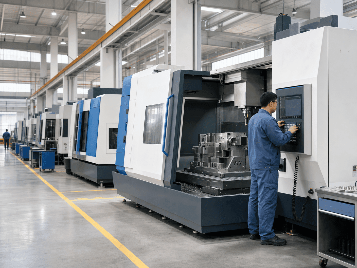A production specialist operating CNC machining equipment in the Jingle Tech workshop
