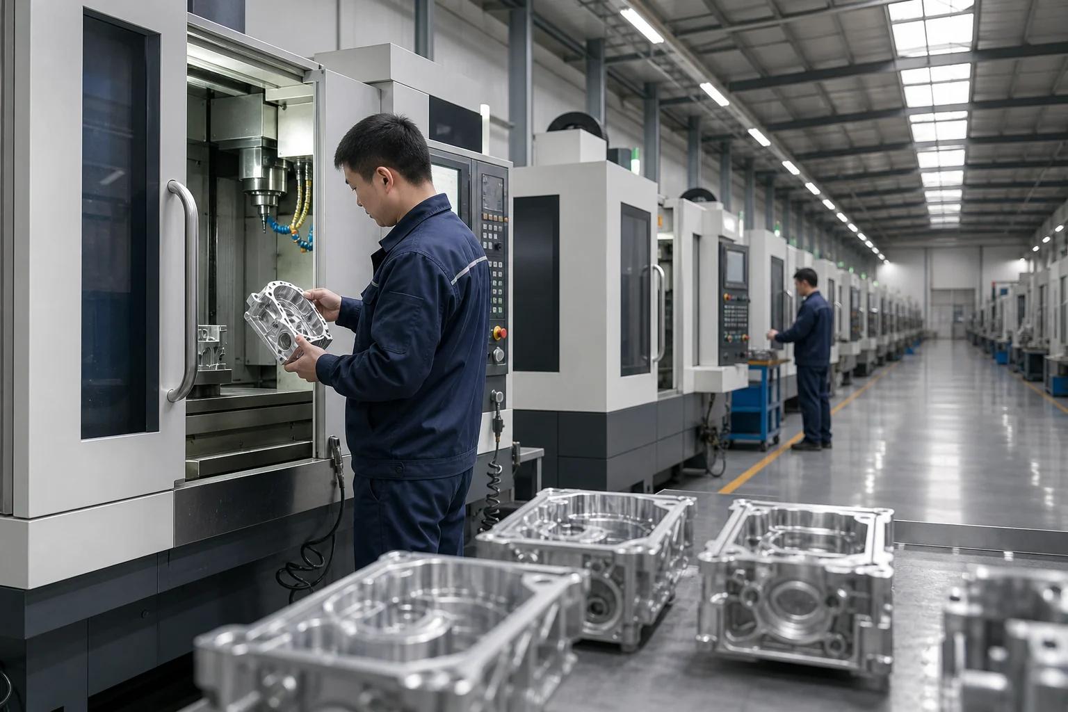 JINGLE-TECH precision manufacturing workshop with CNC machining equipment and finished metal components