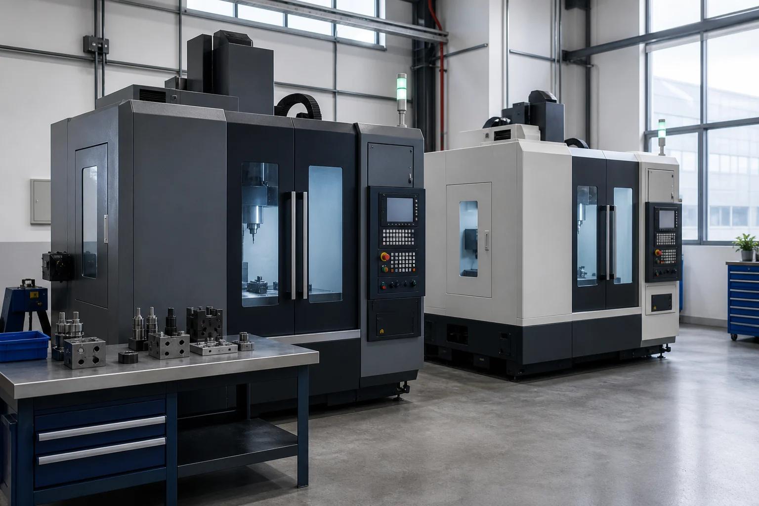 CNC machining workshop with precision milling and turning equipment