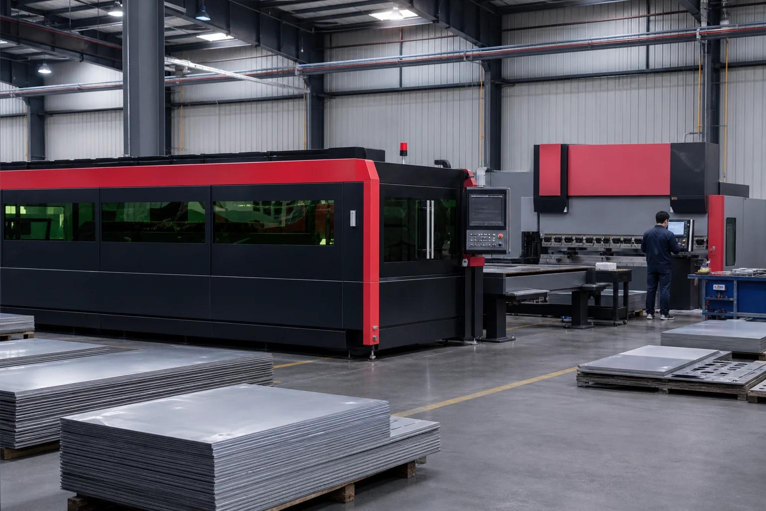 Sheet metal fabrication workshop with cutting, bending, and welding equipment