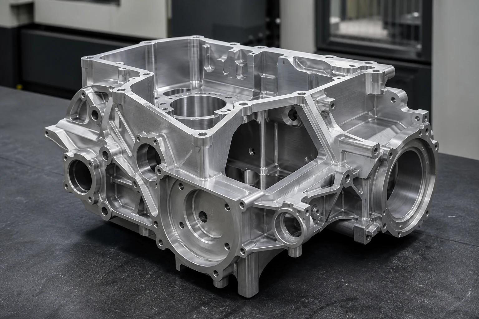 Precision CNC machining center producing a complex aluminum component