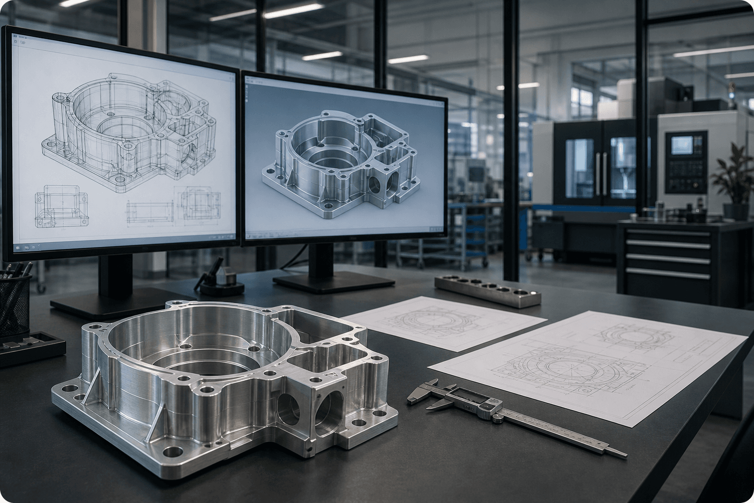 Engineering workstation with precision machined components, CAD models and technical drawings