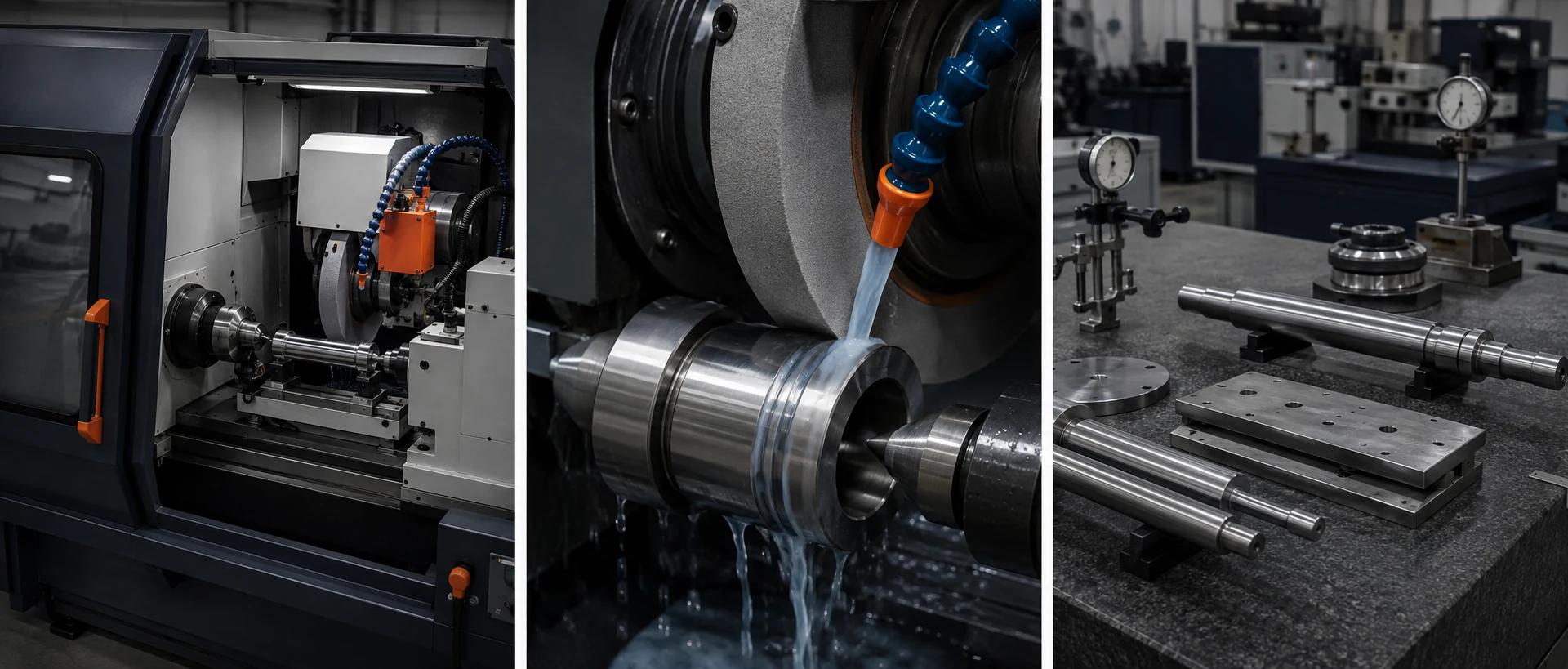 Precision grinding equipment finishing a critical metal surface