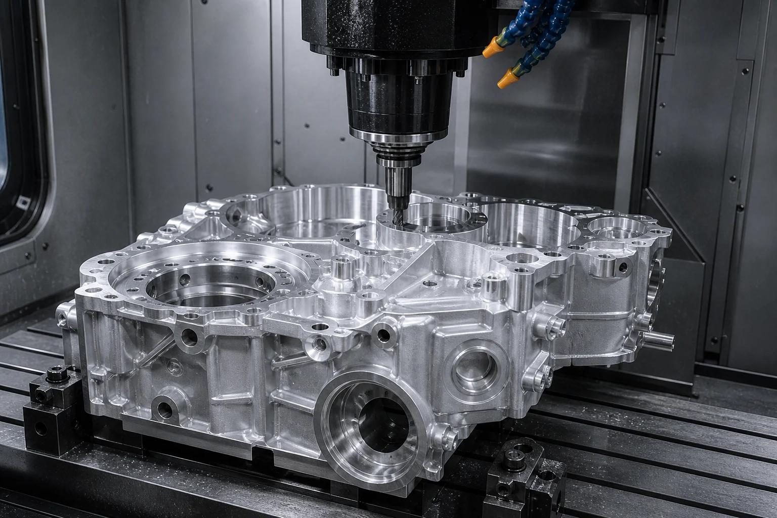 Precision CNC machining center manufacturing a metal component