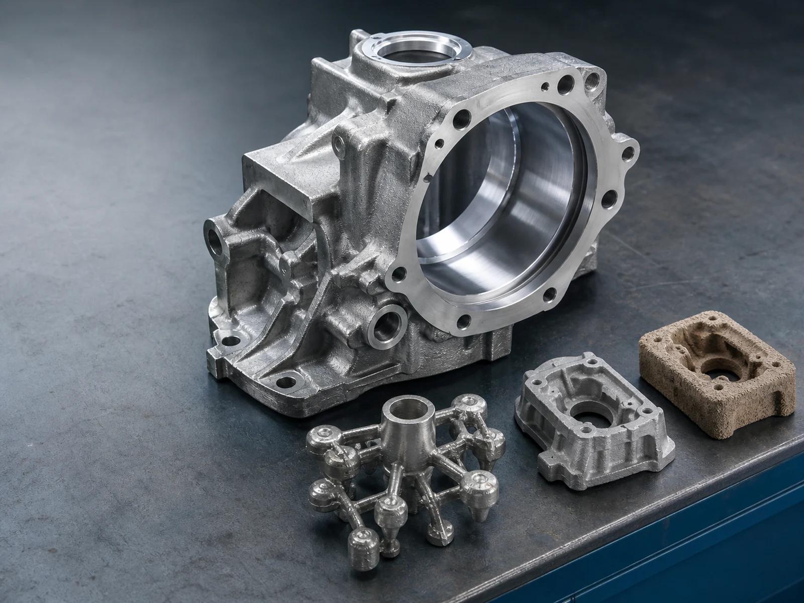 Precision cast metal housings displayed beside casting tooling