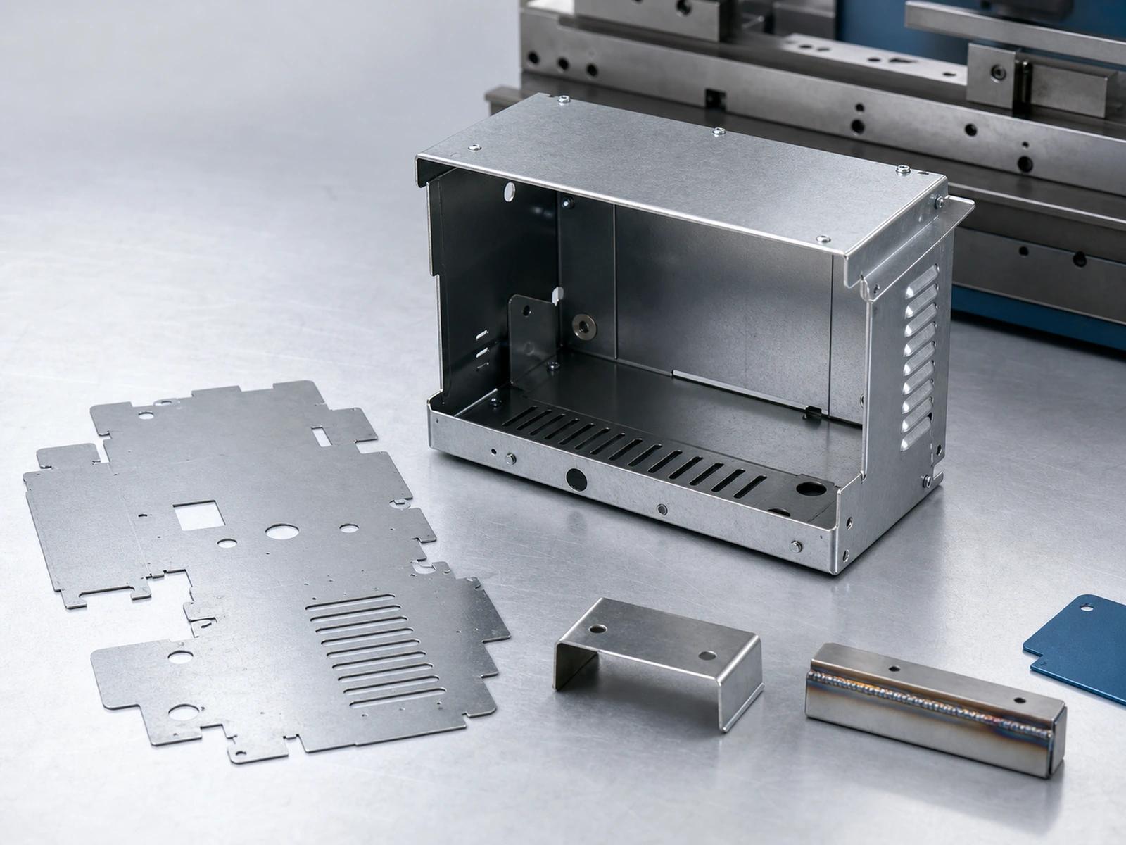 Fabricated sheet metal enclosure on a production workbench